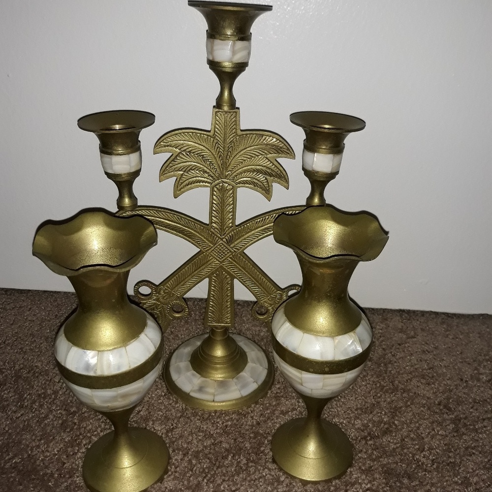 Vintage Brass Candle Holder and Vases Set